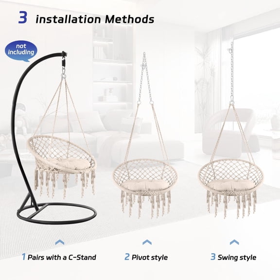 Muweixin 330 lbs Capacity Beige Hammock Chair with Cushion, Handwoven Hanging Swing Chair for Indoor Outdoor Patio Balcony Garden