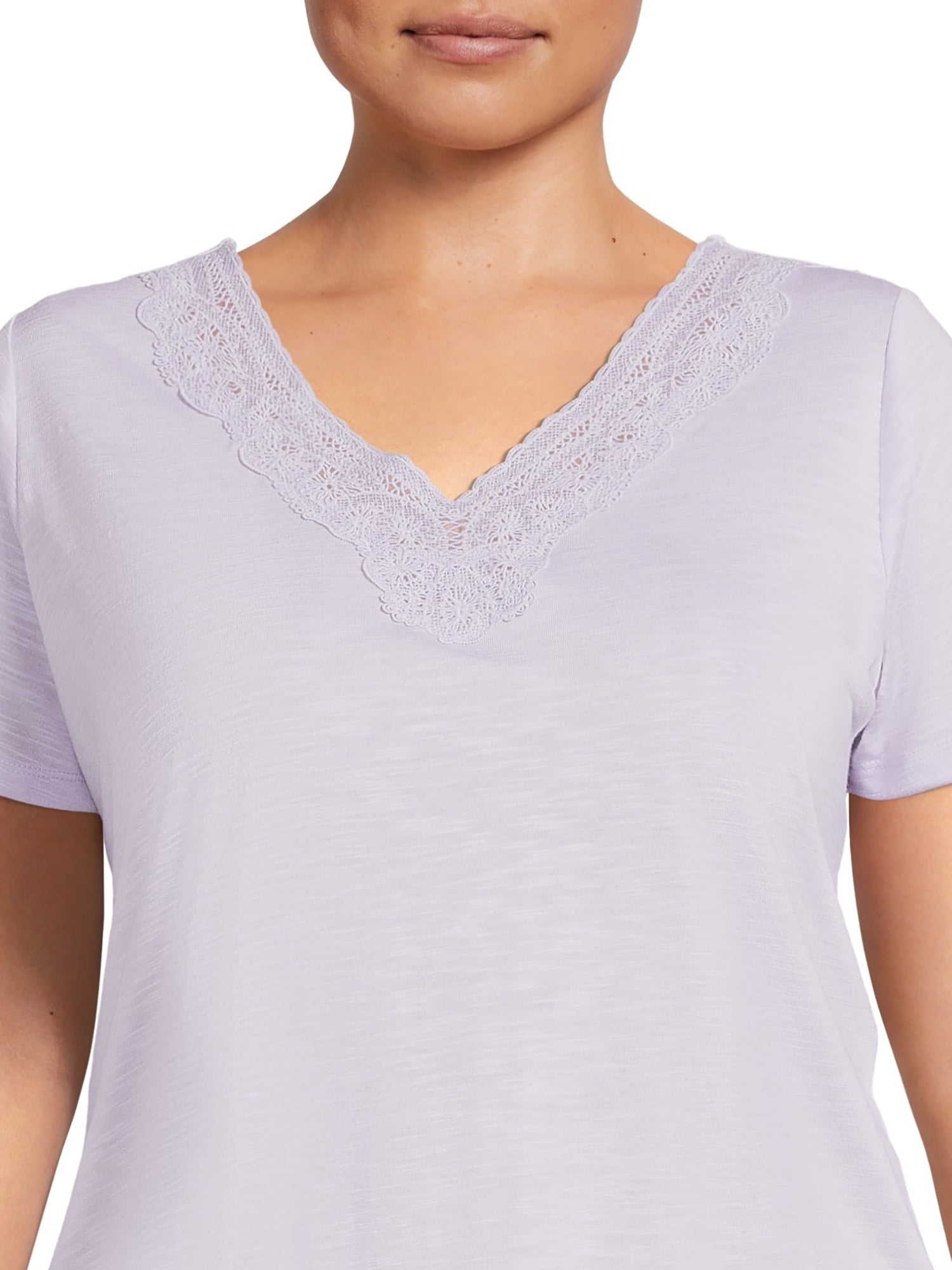 RealSize Women's Plus Lace V-Neck Tee with Short Sleeves