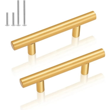 5Pack Brushed Brass Kitchen Cabinet Hardware Handles 2 1/2" Hole Centers Stainless Steel Gold T Bar Euro Style Cupboard Door Drawer Pulls and Knobs