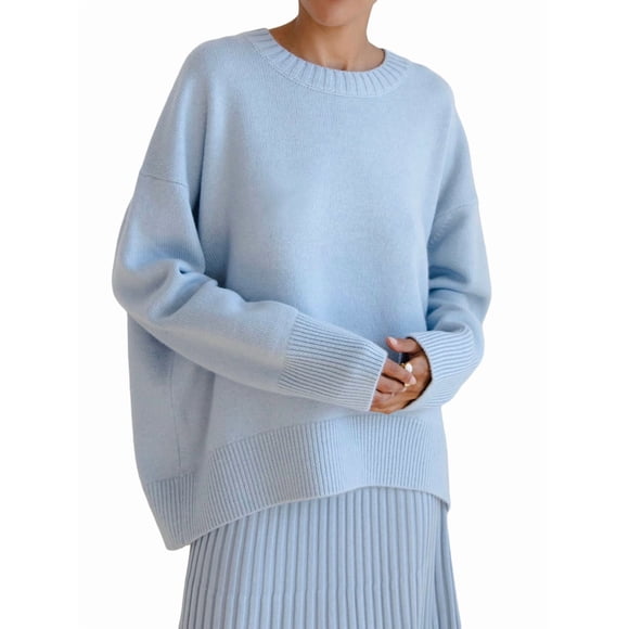 Women Long Sleeve Knit Sweater Jumper O Neck Tops Pullovers Casual Loose Sweater Light Blue One size