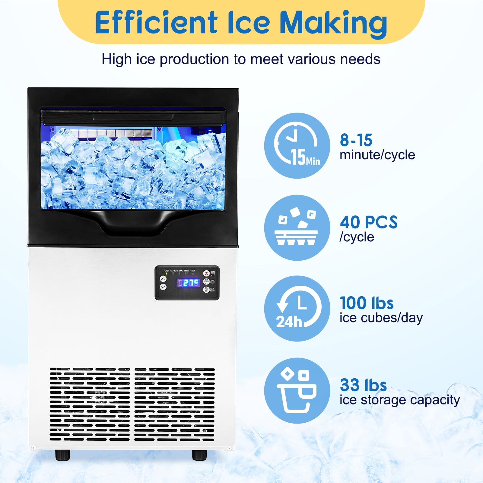 GAOMON Commercial Ice Maker Machine, 100LBS/24H Ice Production Under Counter Ice Maker with 33 Lbs Capacity, Freestanding Stainless Steel Ice Maker for Bar Home Office Restaurant