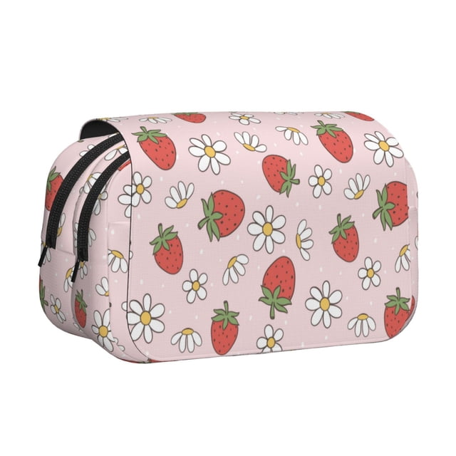 Disketp Strawberry Floral Estuche de Lápices de Doble Capa con Tapa Abatible y Cremallera, Organizador Escolar para Adolescentes y Adultos