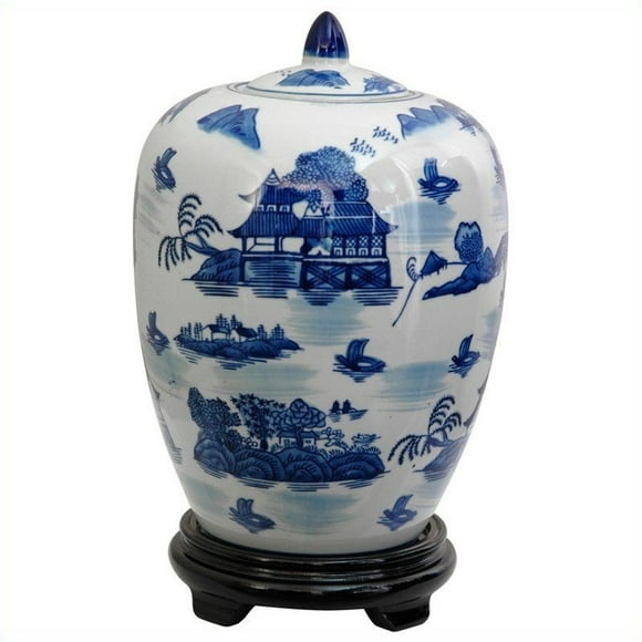 Oriental Furniture Pot de Vase de Paysage 11" en Bleu et Blanc