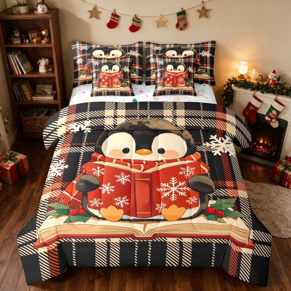 Manfei Penguin Twin Bedding 7pcs Snow Bedding Comforter Set, Red Green, Xmas Reversible
