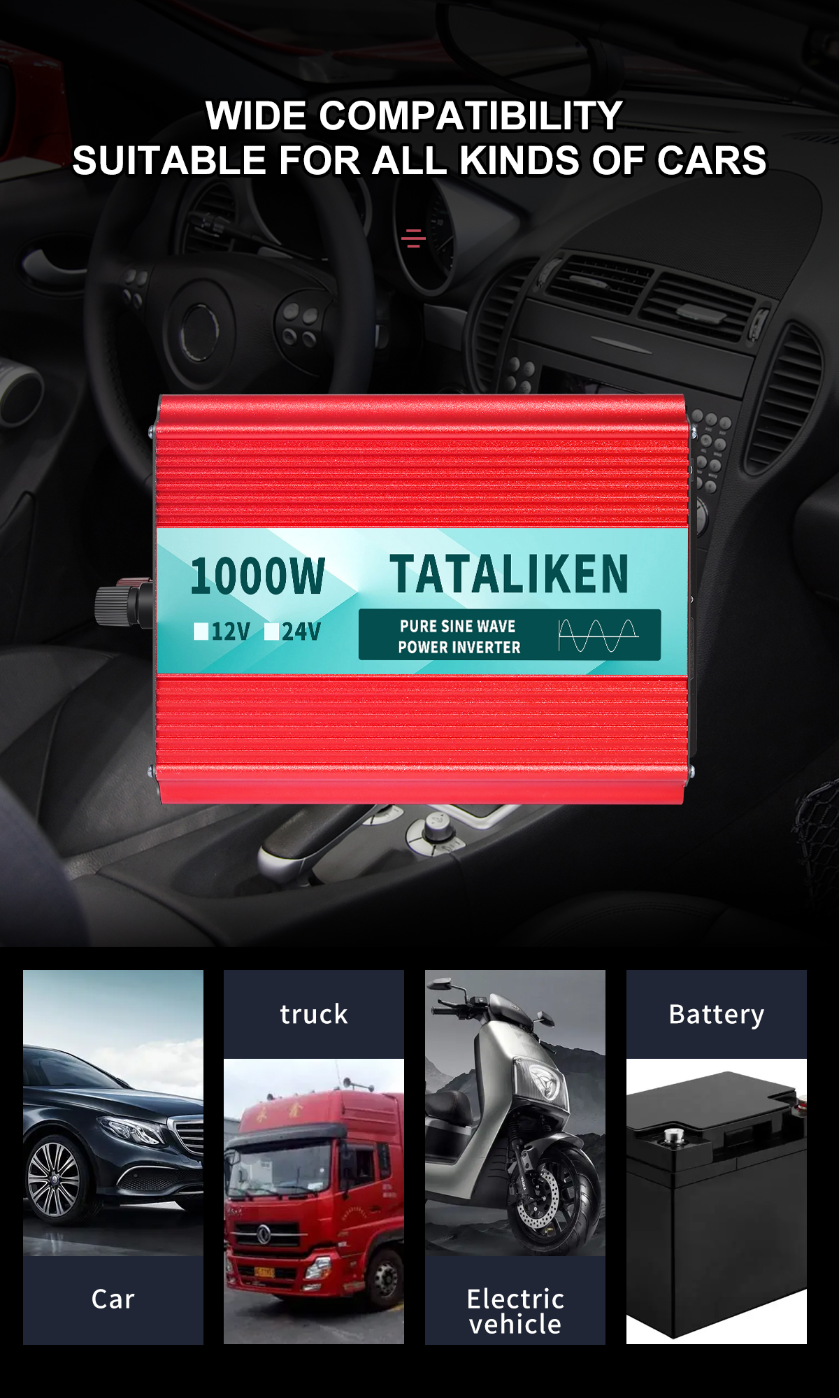 TATALIKEN 1000 Watts 2000 Watts Pure Sine Wave Power Inverter DC 12V to AC 110V/120V Car Inverter with 2 AC Outlets for Power Tools Home Vehicles RV Truck, LCD Display