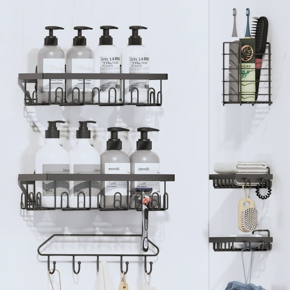Shower Caddy 6 Pack, Adhesive Shower Organizer with Soap Holder, Large Capacity, No-Drill Wall Mounted Bathroom Organizer Basket for Bathroom & Kitchen Storage, Black