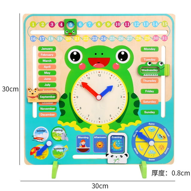 KAKOWELY interactive kids toys Children's Wooden Clock Calendar Toy Montessori Cognitive Learning Tool Frog Teaching Clocks Time and Date Educational Toy Classroom Supplies