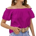 thumbnail image 1 of Top de verano para mujer, Top informal holgado con hombros descubiertos y manga corta con ribete de volantes para mujer, 1 of 6