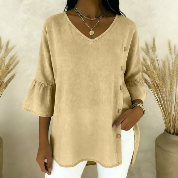 Roncen Women's V-Neck 3/4 Sleeve Top, Relaxed Fit Blouse with Wooden Buttons & Side Slit