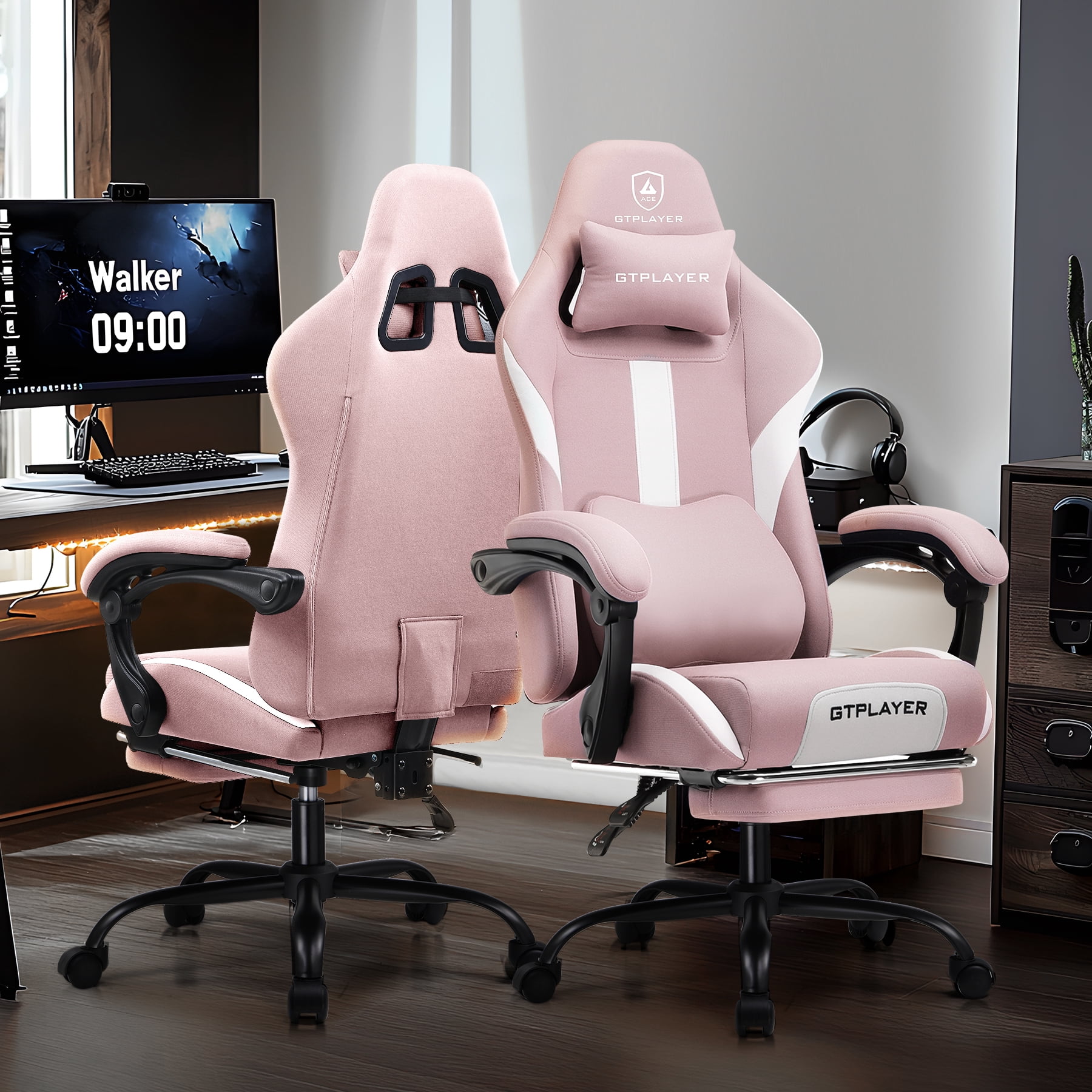 GTPLAYER Gaming Chair Fabric Office Chair with Foorest&Linkage Armrests, Pink