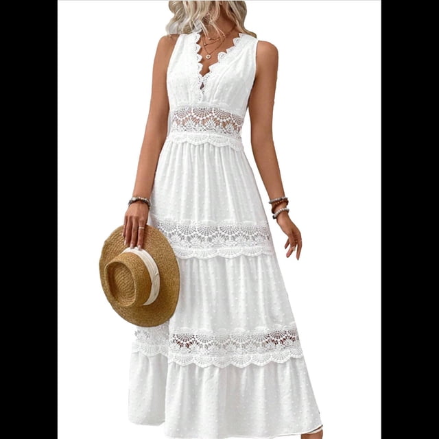 Vestido de Mujer con Encaje de Guipur y Bajo con Volantes. L