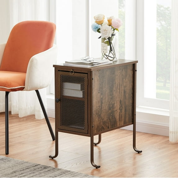 VECELO Nightstand with Pull-out shelf and Mesh Cabinet Door for Bedroom, Living Room, Rustic Brown