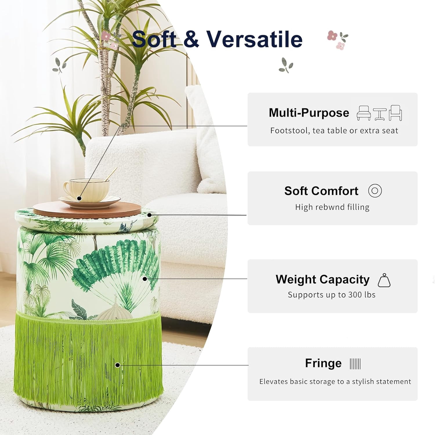 Casa Pura Furniture Round Storage Ottoman Velvet Fringe Upholstered Footrest Stool Green