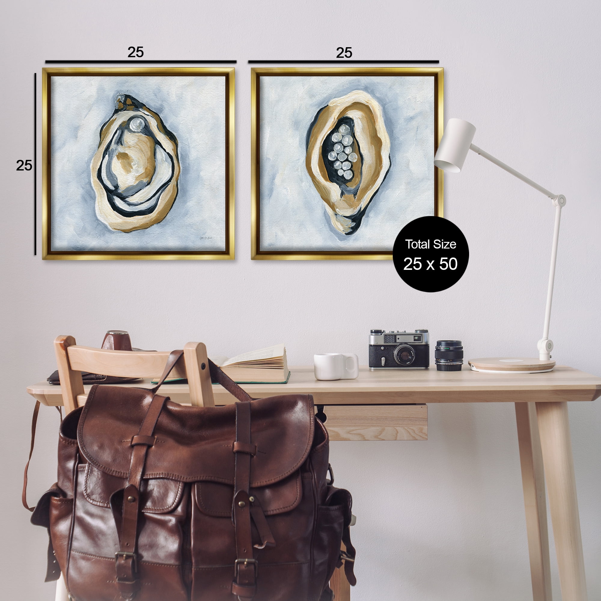 Stupell Industries Oyster with Pearls Nautical & Beach Painting Gold Floater Framed Canvas Art Print Wall Art, 25 x 25, Set of 2