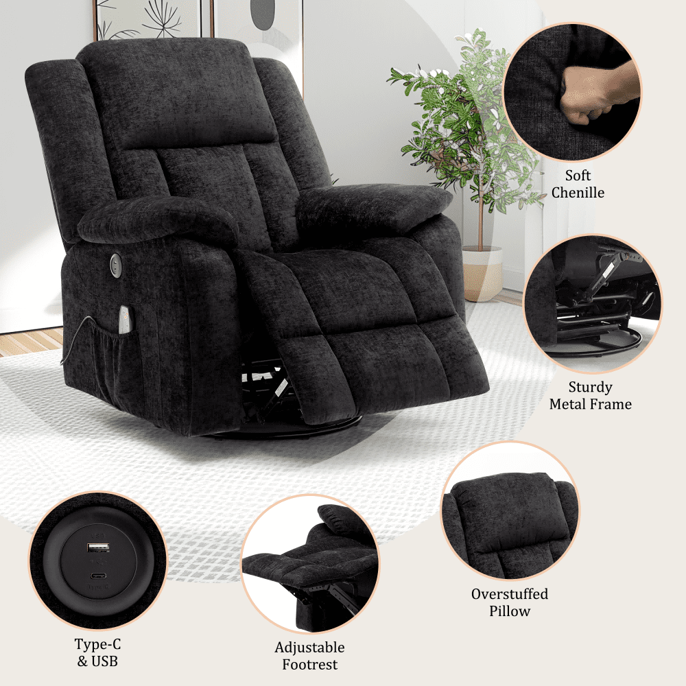 Korser Massage Swivel Rocker Recliner Chair with USB Ports Chenille for Living Room,Black
