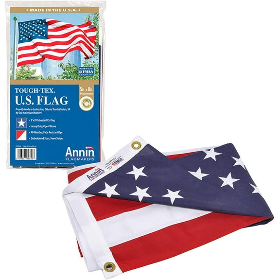 Annin Flagmakers Model 2730 American Flag Tough-Tex The Strongest, Longest Lasting, 5x8 ft, 100% Made in USA with Sewn Stripes, Embroidered Stars and Brass Grommets