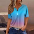 thumbnail image 2 of Camiseta con botones decorativos de manga corta con cuello en V degradado vintage informal a la moda para mujer Top azul/S, 2 of 5