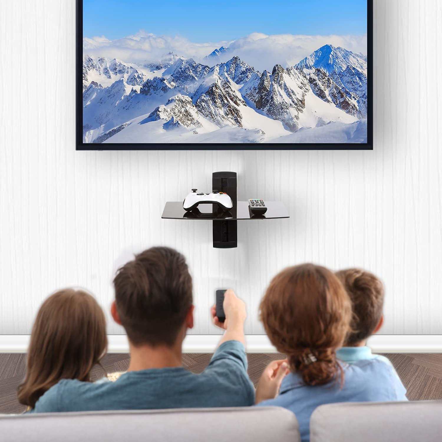 Floating TV Shelf, 1 Tier Glass Projector Shelf for DVD Players, Routers, Game Consoles, Cable Boxes, Living Room Decor, Wall Mount Shelves Hold Up to 17.6lbs (CS201B), 1-Shelf, Black