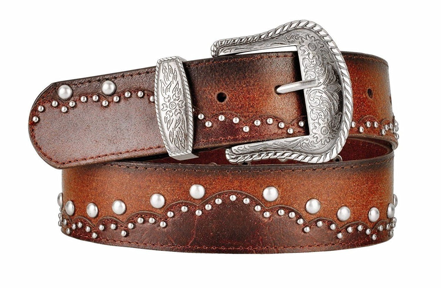 BC Belts Womens Dual Layer Brown Leather Belt Round Metal Stud Pattern Large Western Buckle