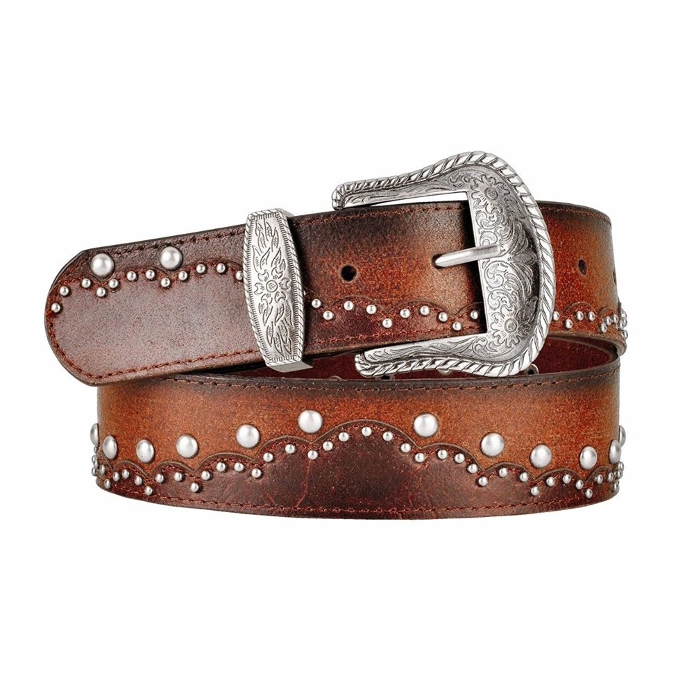 BC Belts Womens Dual Layer Brown Leather Belt Round Metal Stud