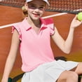 thumbnail image 6 of Girls Short Sleeve Polo Shirts Kids Ruffle Puff Sleeve Tops Button Collar School Uniform Shirts 5-14 Years Pink 120, 6 of 8