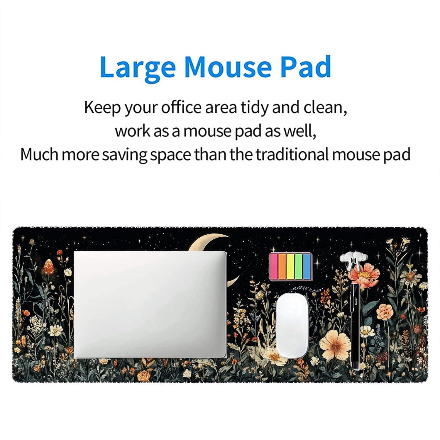 Cute Mystical Plants Desk Pad Whimsical Moon Stars Extended Gaming Mouse Mat with Stitched Edge Non-Slip Base - Big Office Computer Keyboard Laptop Home - 31.5"x11.8"