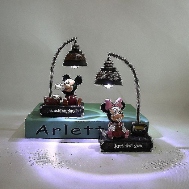 Lámpara de luz nocturna pequeña de Mickey Minnie, adornos para el hogar de resina, 2 uds.