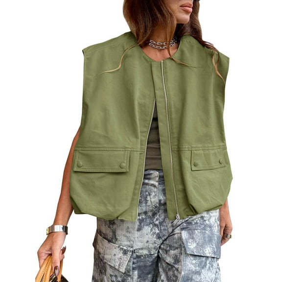 Womens Casual Zip Up Vest Cargo Oversized Ruched Hem Sleeveless Jackets Tops Army Green S