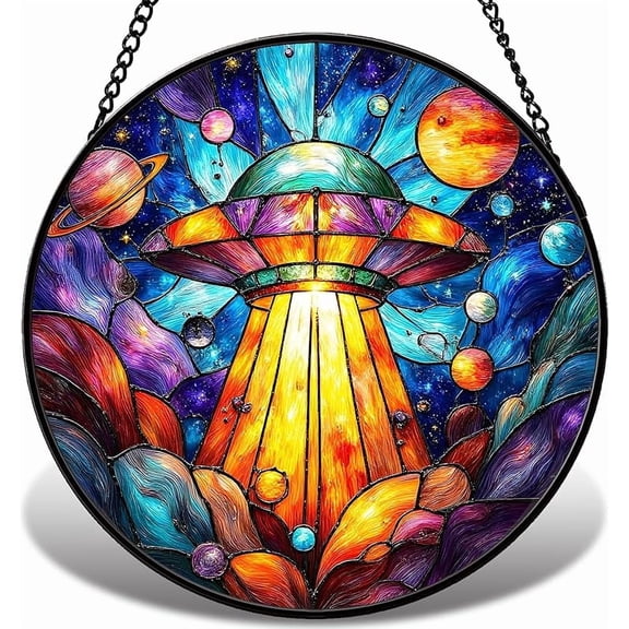 UFO Stained Glass Suncatcher for Window – 6.3in Galaxy Window Hanging Decor, Space Sun Catcher Ornament Gift for Home & Room Decor