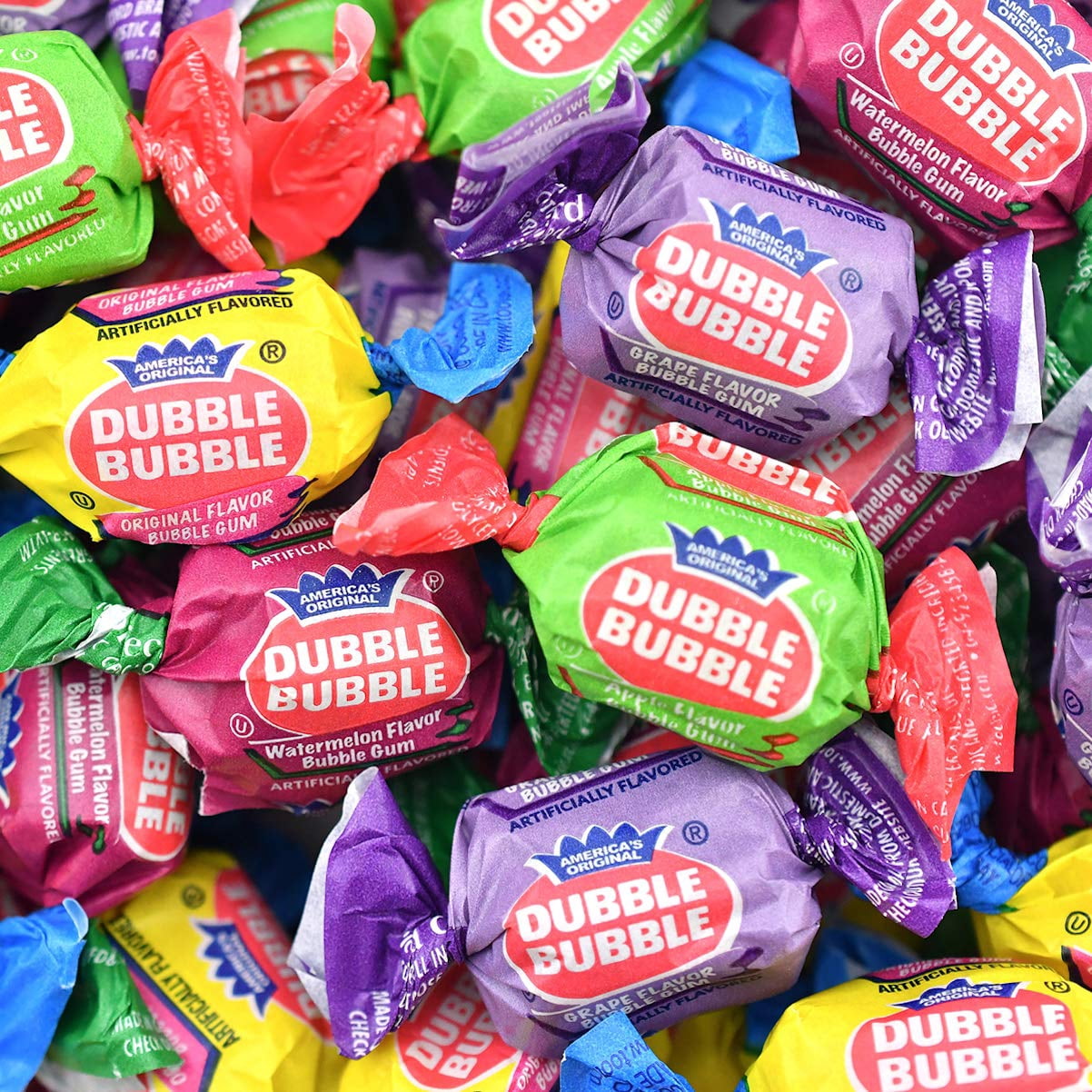 Dubble Bubble Gum - 300 Count Resealable Tub of Individually Wrapped Fruit and Bubble Gum - Original, Watermelon, Apple and Grape Flavors - Peanut and Gluten Free, 47.6 Ounce