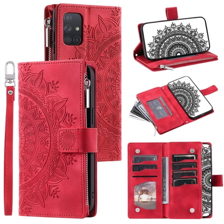 Dteck Wallet Case for Samsung Galaxy A51 4G Embossed Floral Case Crossbody Strap for Women & Men Magnetic Closure Wallet Card Holder Flip Stand Shockproof Protective Cover red