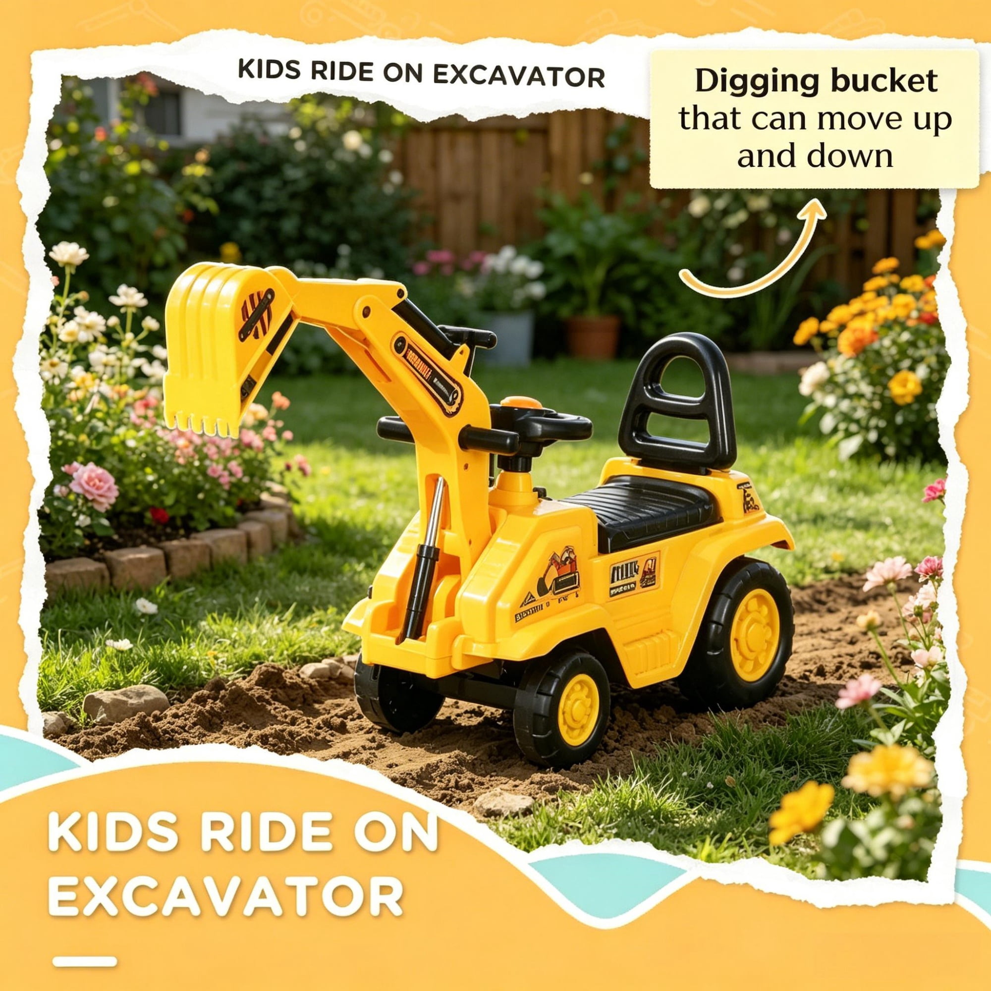 Kids Excavator Ride On with Pull Cart and Horn for Ages 18-48 Months