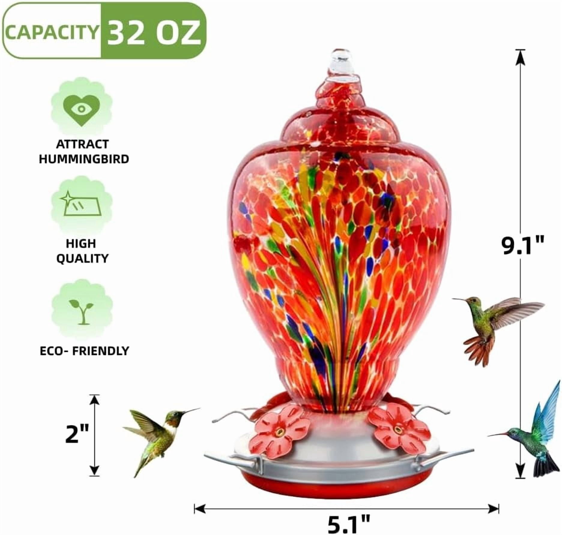 Hummingbird Feeder for Outdoors Patio Large 32 Ounces Colorful Hand Blown Glass Hummingbird Feeder with Ant Moat Hanging Hook, Rope, Brush and Service Card (RED-Firework)