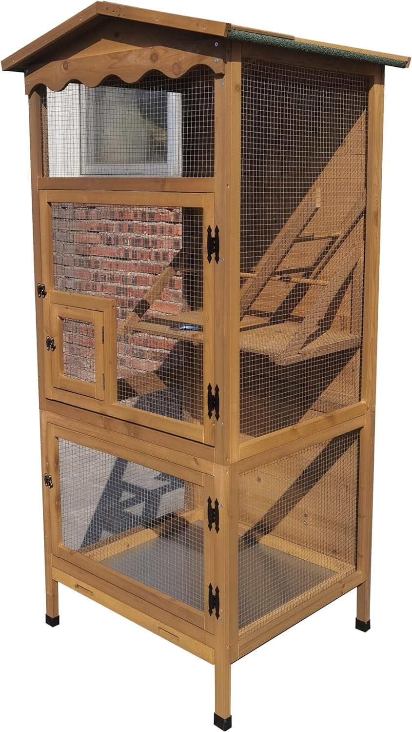 New 70” Large Outdoor Bird Aviary Weatherproof Wooden Indoor Bird Cage Easy Pull Out Clean Tray Asphalt Roof for Finches Doves Parrots Parakeets Canaries Cockatoos Lovebirds Pigeons