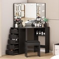 thumbnail image 1 of Ensemble de Coiffeuse d'Angle avec Miroir à DEL – 3 Couleurs d'Éclairage Réglables, Station de Recharge Intégrée, 5 Tiroirs Pivotants, Étagères de Rangement Spacieuses, Tabouret Rembourré – Table de Maquillage Moderne pour Chambre de Filles, 1 of 7