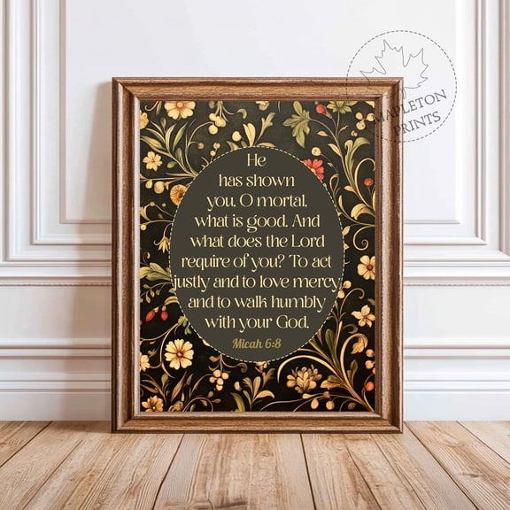 Micah 6:8 Bible Verse Print Christian Wall Art Floral, Unframed Paper Poster 8x10in