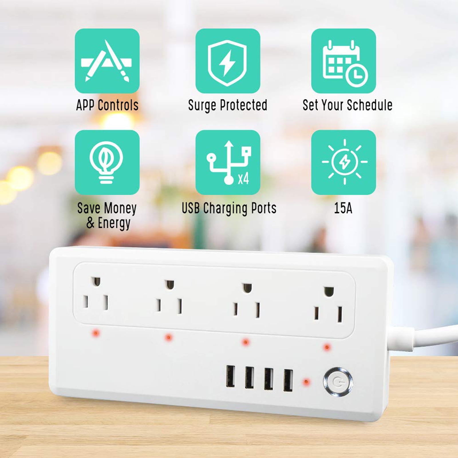 Smart Power Strip WiFi Plug Multiple Outlet Surge Protector 4 AC Outlets 4 USB Port,15A, Remote Control Timing Schedule Compatible with Alexa Echo, Google Home, IFTTT White
