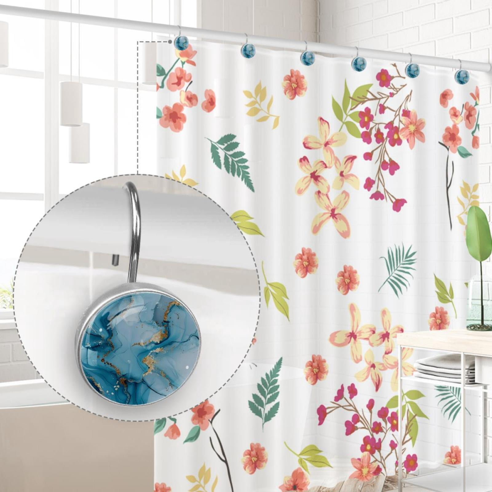 HemaKayy 12 Pcs Decorative Shower Curtain Hooks - Stainless Steel Rings for Bathroom Décor - Easy Glide & Secure Hold - Perfect Decoration for Bathroom Shower Rods - Marble Abstract Texture