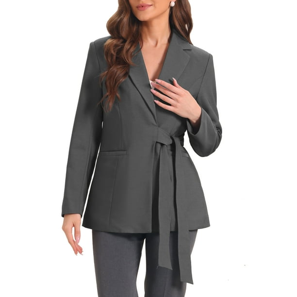 Blazer de un solo botón INSPIRE CHIC para mujeres, chaqueta de oficina con solapa, de manga larga, con cinturón, gris oscuro XL