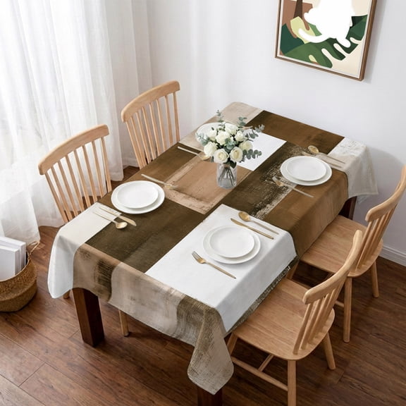 Brown Geometric Table Cloth Waterproof Tablecloths, Vintage Oil Painting Contemporary Tablecloth Dining Table Cover for Kitchen Party Tabletop Outdoor, Rectangle Tablecloth 52x70 Inch