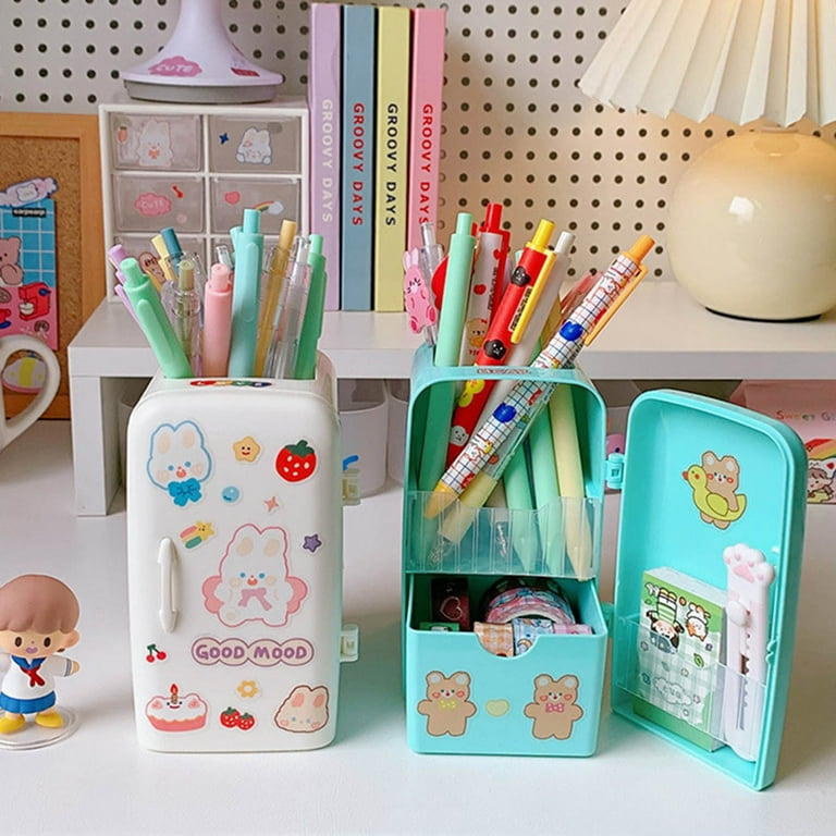 PWFE Cute Refrigerator Pen Holder With 1PC DIY Sticker Desktop Makeups  Pencil Pens Storage Box Creative School Stationery(Pink) 