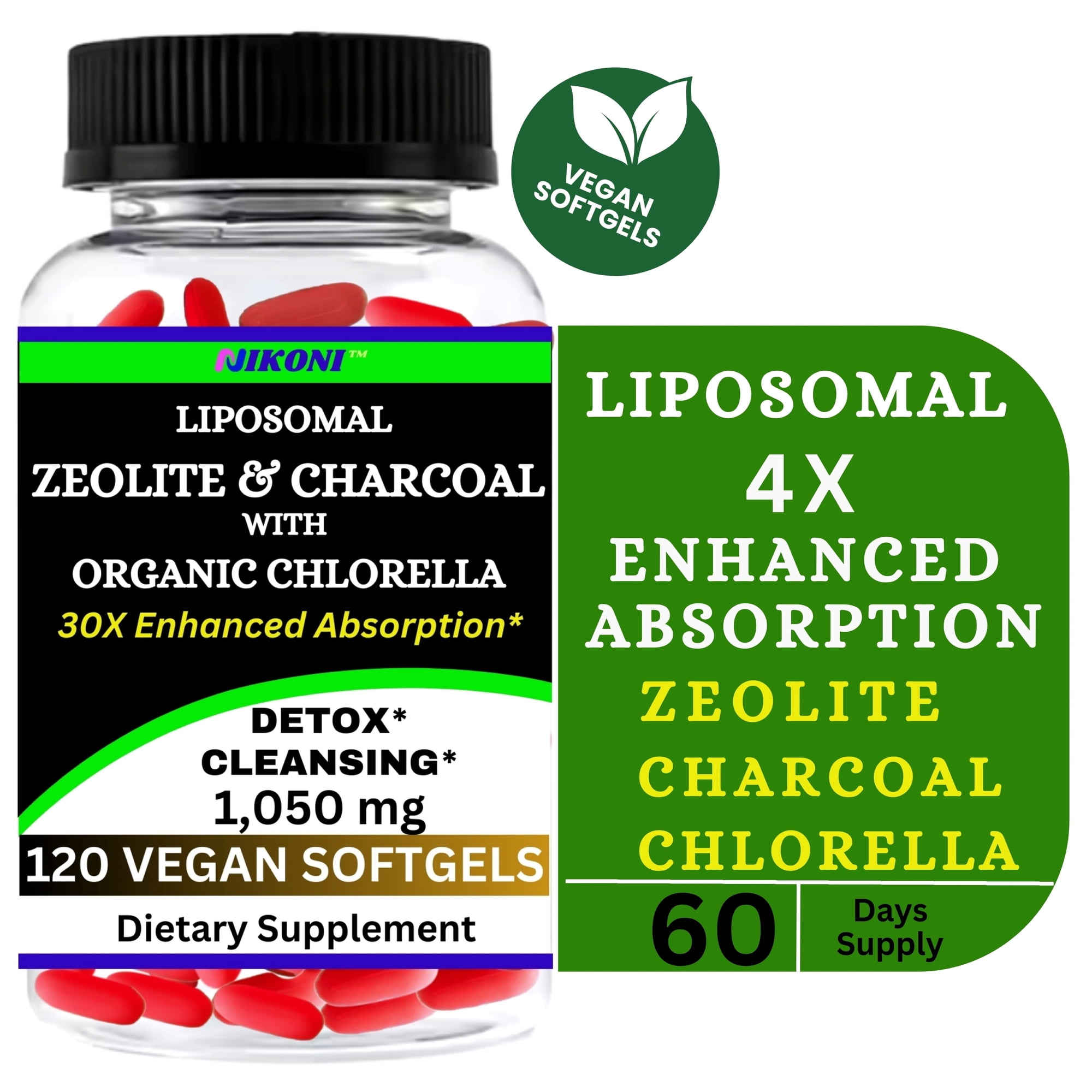Nikoni Liposomal Clinoptilolite Zeolite, Charcoal and Organic Chlorella Supports Detox 120 Vegan Softgels