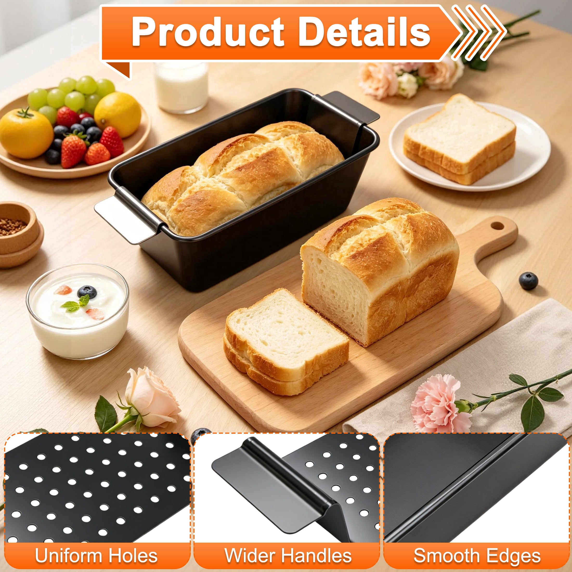 Non-Stick Carbon Steel Loaf Pan, 9.8 Inch Rectangular Bread Baking Mold with Perforated Baking Tray, Oven Safe Toast Pan for Homemade Bread