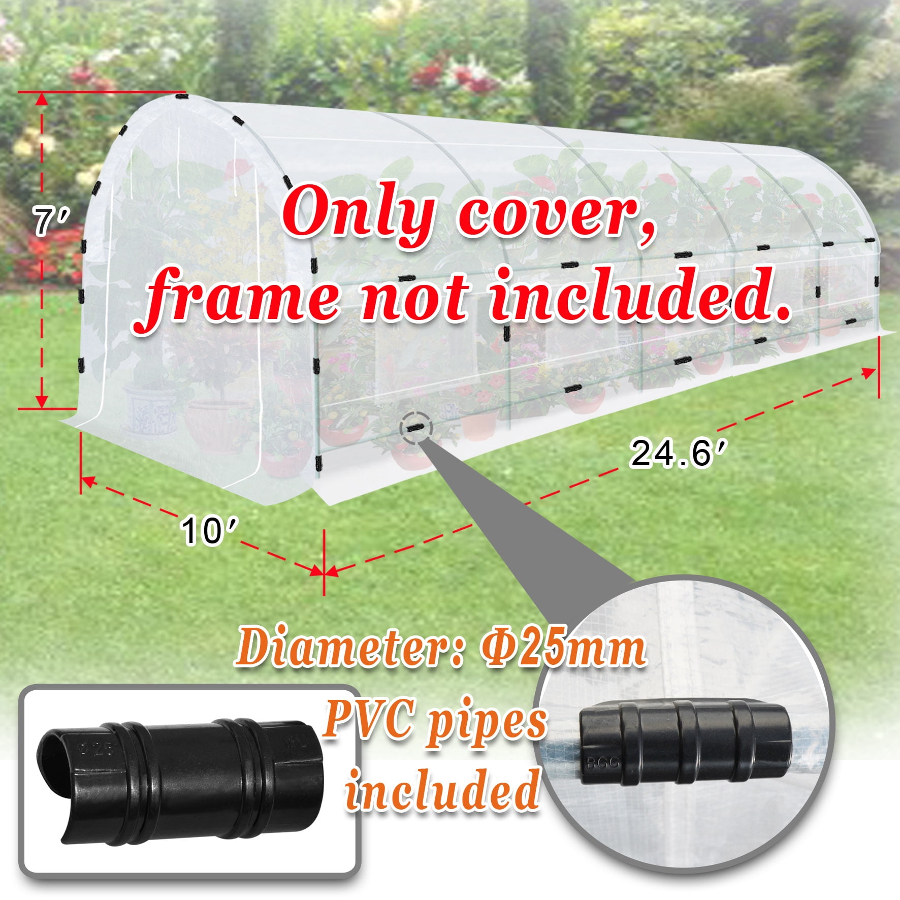 SUNNY Greenhouse Replacement Cover Half-Transparent Greenhouse Cover (24.6'x10'x7')