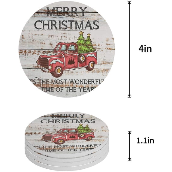 KXMDXA Car With Christmas Tree Farmhouse Style Wood Plank Set of 6 Round Coaster for Drinks, Absorbent Ceramic Stone Coasters Cup Mat with Cork Base for Home Kitchen Room Coffee Table Bar Decor