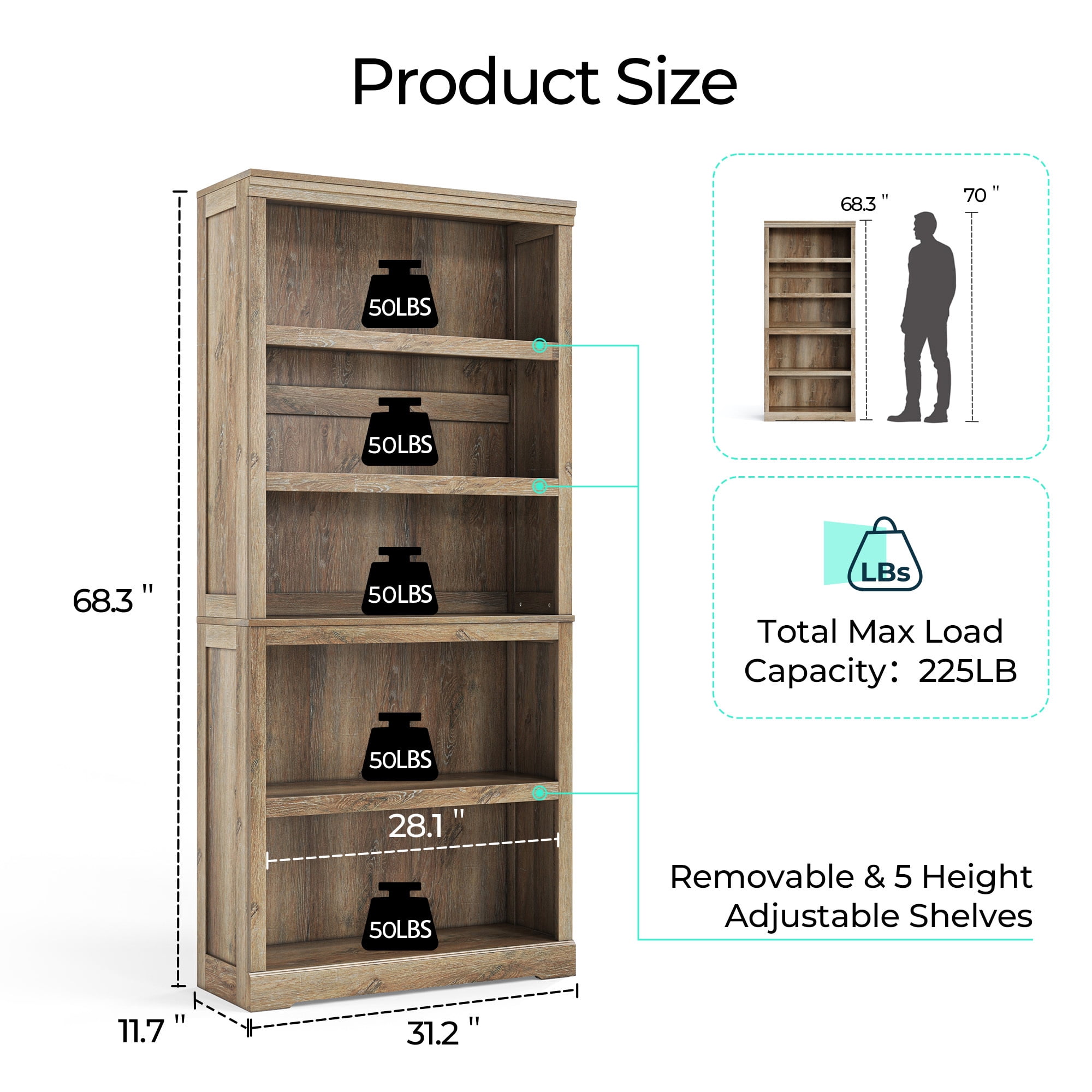 Linsy Tall Scratch-Resistant Shelf Storage Organizer Bookcase, 4016" x 14.96" x 10.43", Light Brown