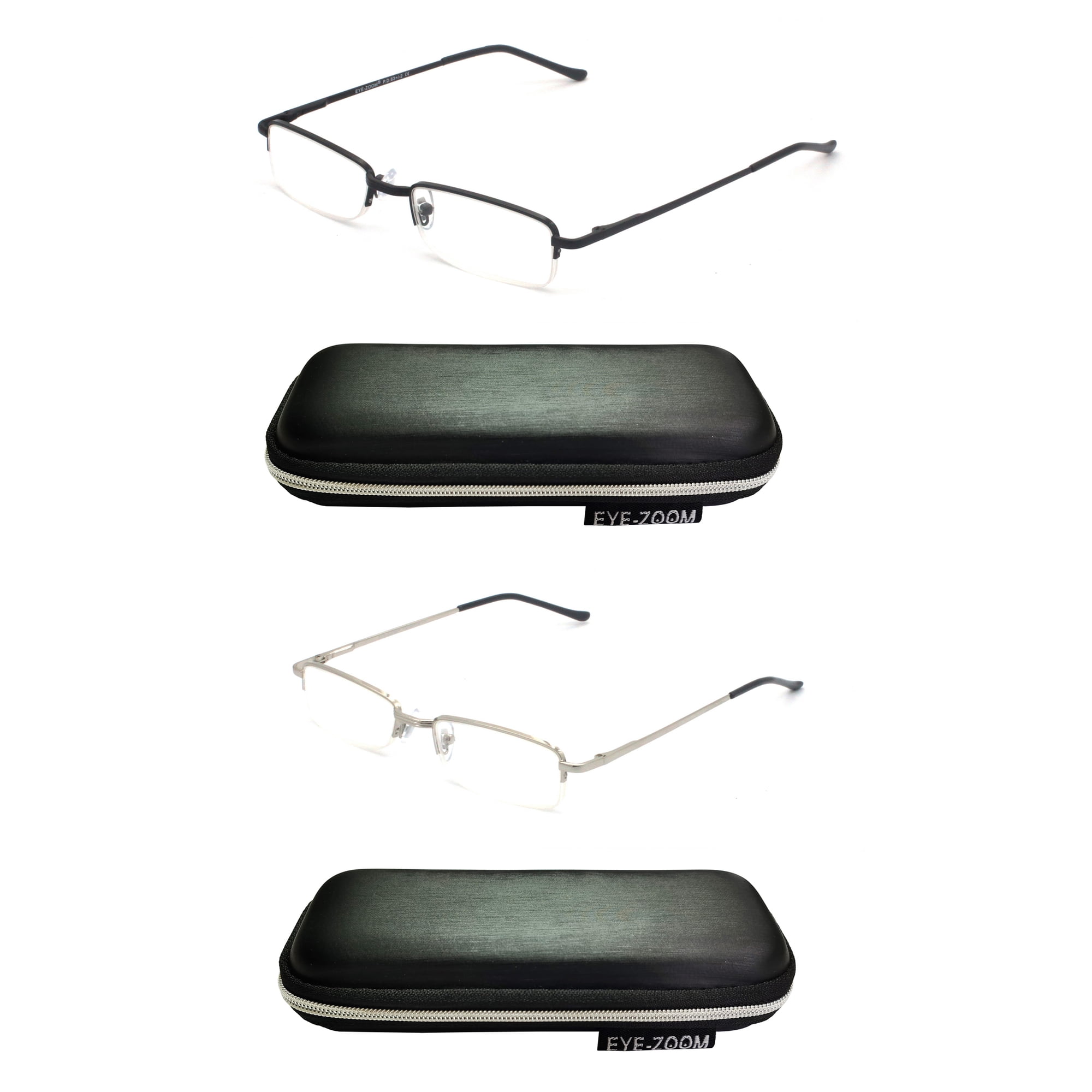 EYE ZOOM 2 Pack Reading Glasses Metal Rectangular Half Rimless Readers with Case for Men and Women, Black and Silver +3.00
