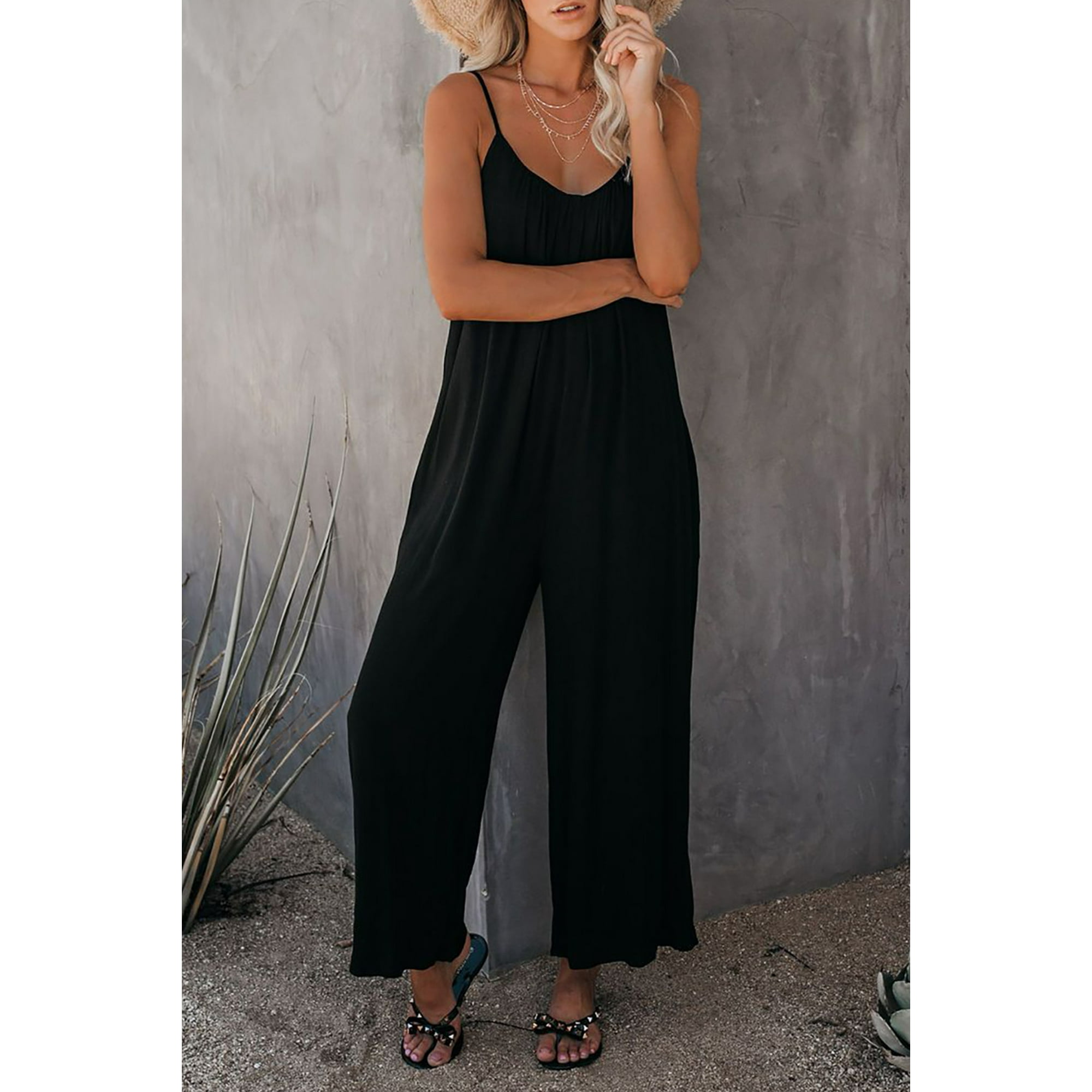 Women's Black Spaghetti Straps Wide Leg Pocketed Jumpsuits