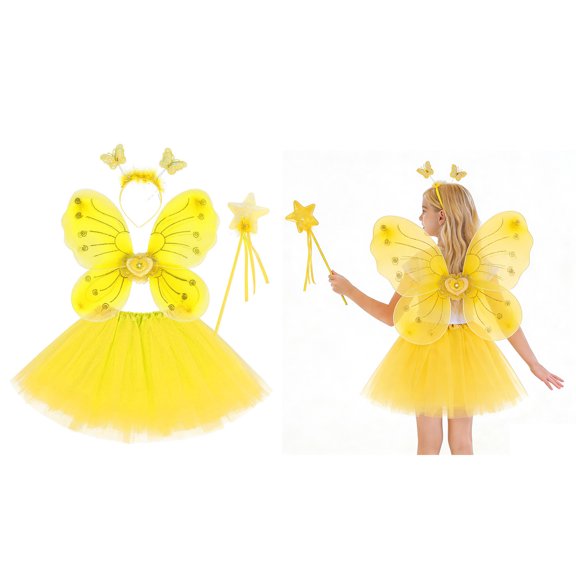 Tulle Tutu Skirt for Girls Layers Yellow Tutuwith Wings and Hairband Elastic Waist Ballet Skirt Kid Dress Up Birthday Party 3-10 Years