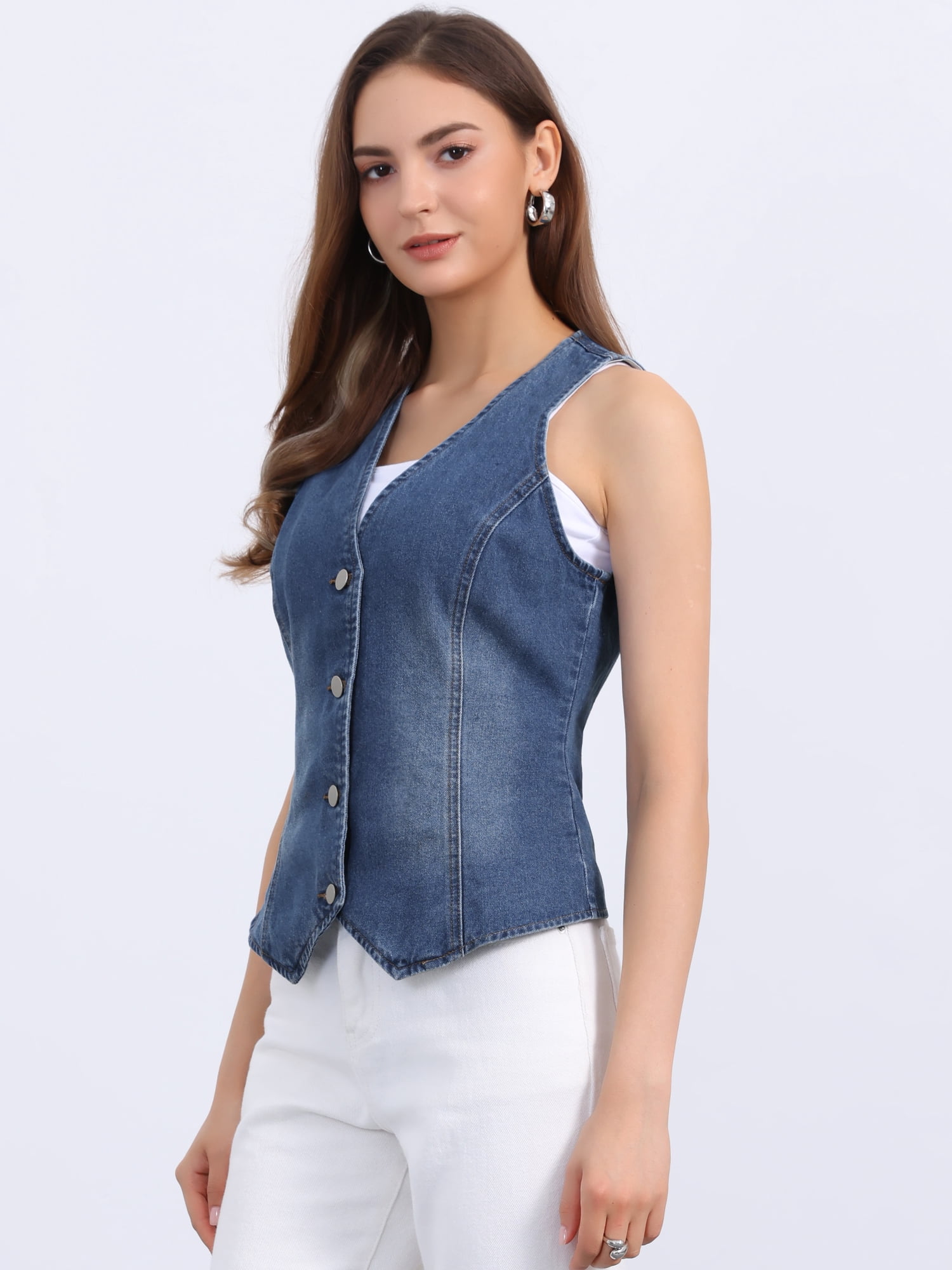DARING DIVA Womens Denim Vest V Neck Button Down Jean Waistcoat Jacket XS Pale Blue